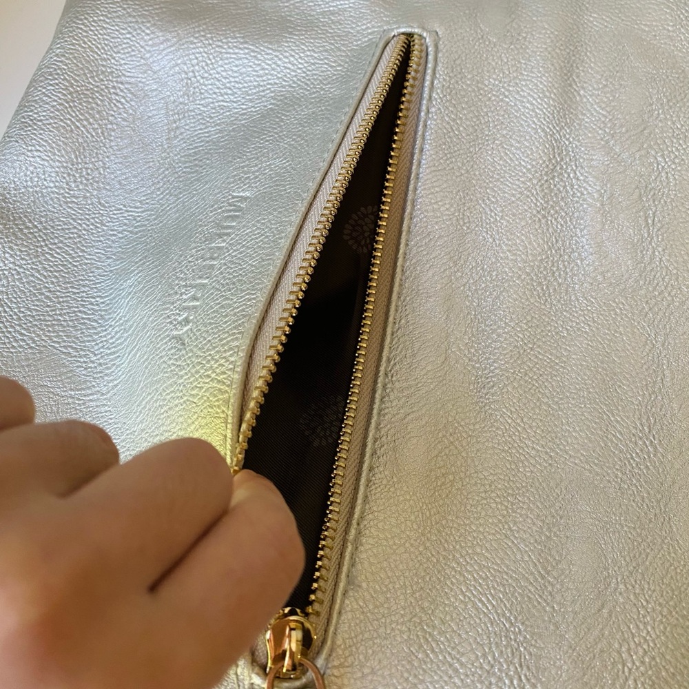 Mulberry Leather Gray Metalic Silver Foldable Clutch Bag with Shoulder 2 Straps - Picture 10 of 13